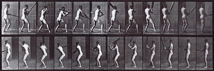 Front three-quarter and rear three-quarter views of nude male swining a cricket bat, batting back cut animation reference using muybridge plate 292 from animal locomotion