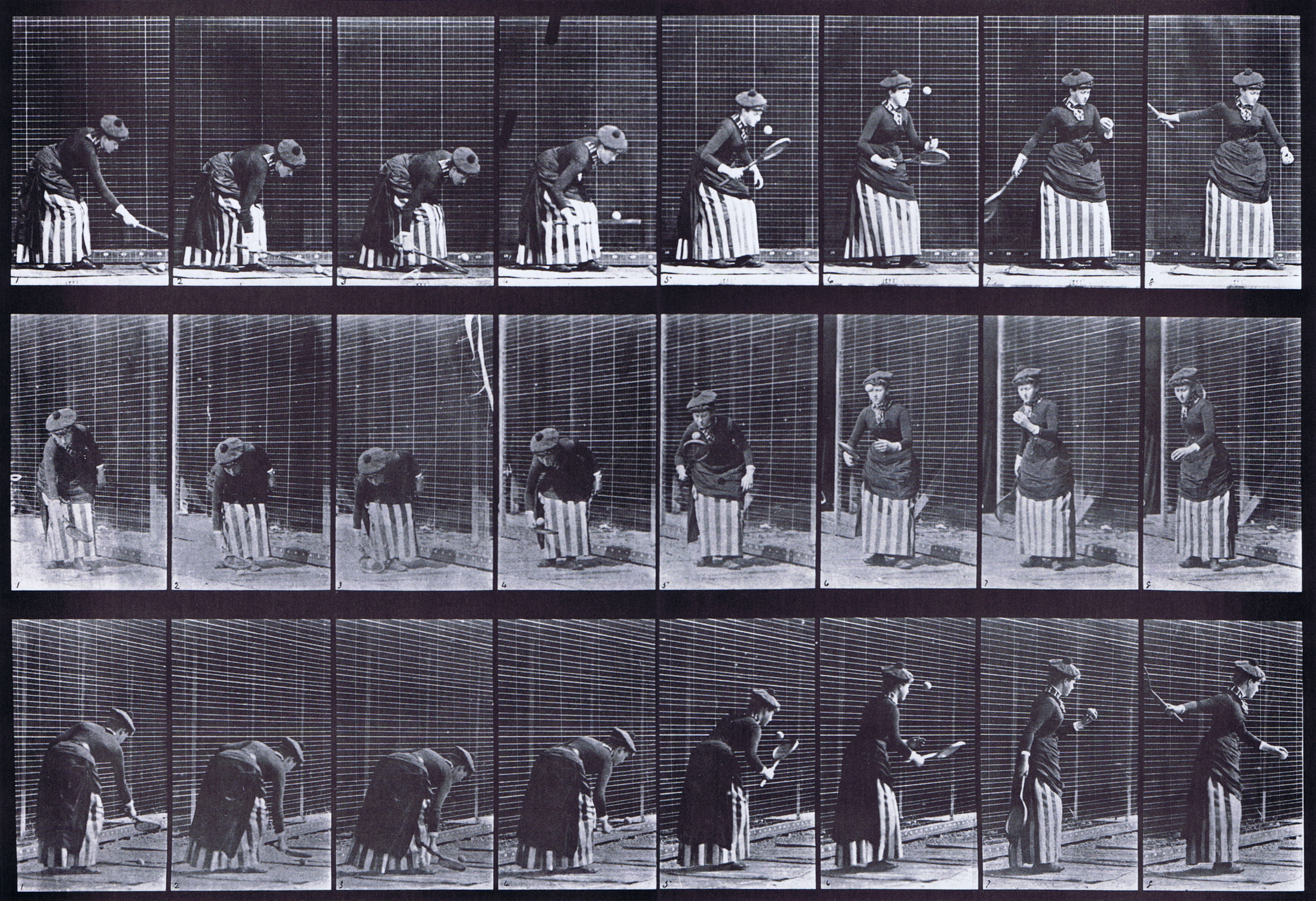 large profile, front three-quarter, and rear three-quarter views of clothed female picking up ball with racket and swinging animation reference using muybridge plate 295 from animal locomotion