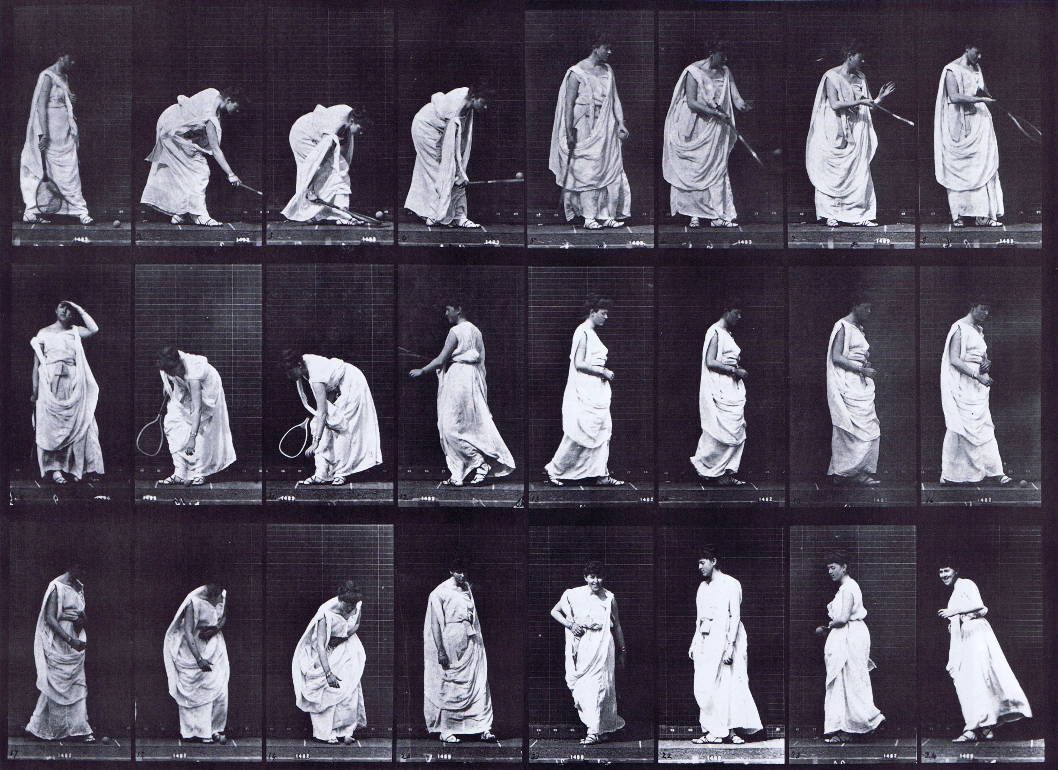 large profile view of clothed female playing with ball, racket in right hand animation reference using muybridge plate 299 from animal locomotion