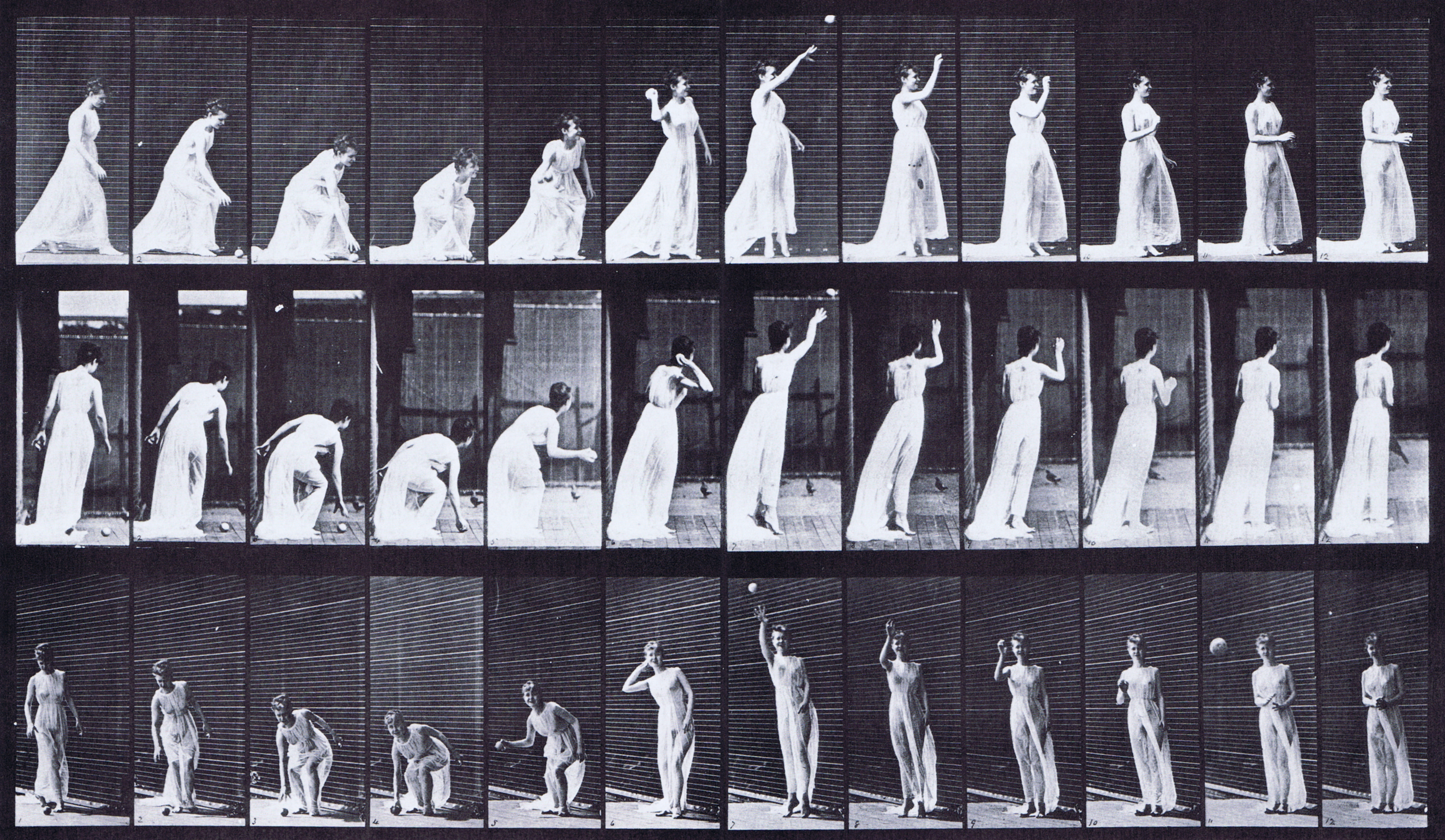 large profile, rear three-quarter, and front three-quarter views of semi nude female in dress picking up a ball and throwing it animation reference using muybridge plate 305 from animal locomotion