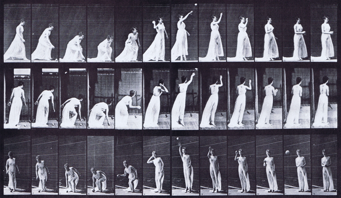 Profile, rear three-quarter, and front three-quarter views of semi nude female in dress picking up a ball and throwing it animation reference using muybridge plate 305 from animal locomotion