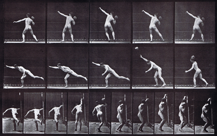 Profile and rear views of nude male heaving a 20 pound rock animation reference using muybridge plate 313 from animal locomotion