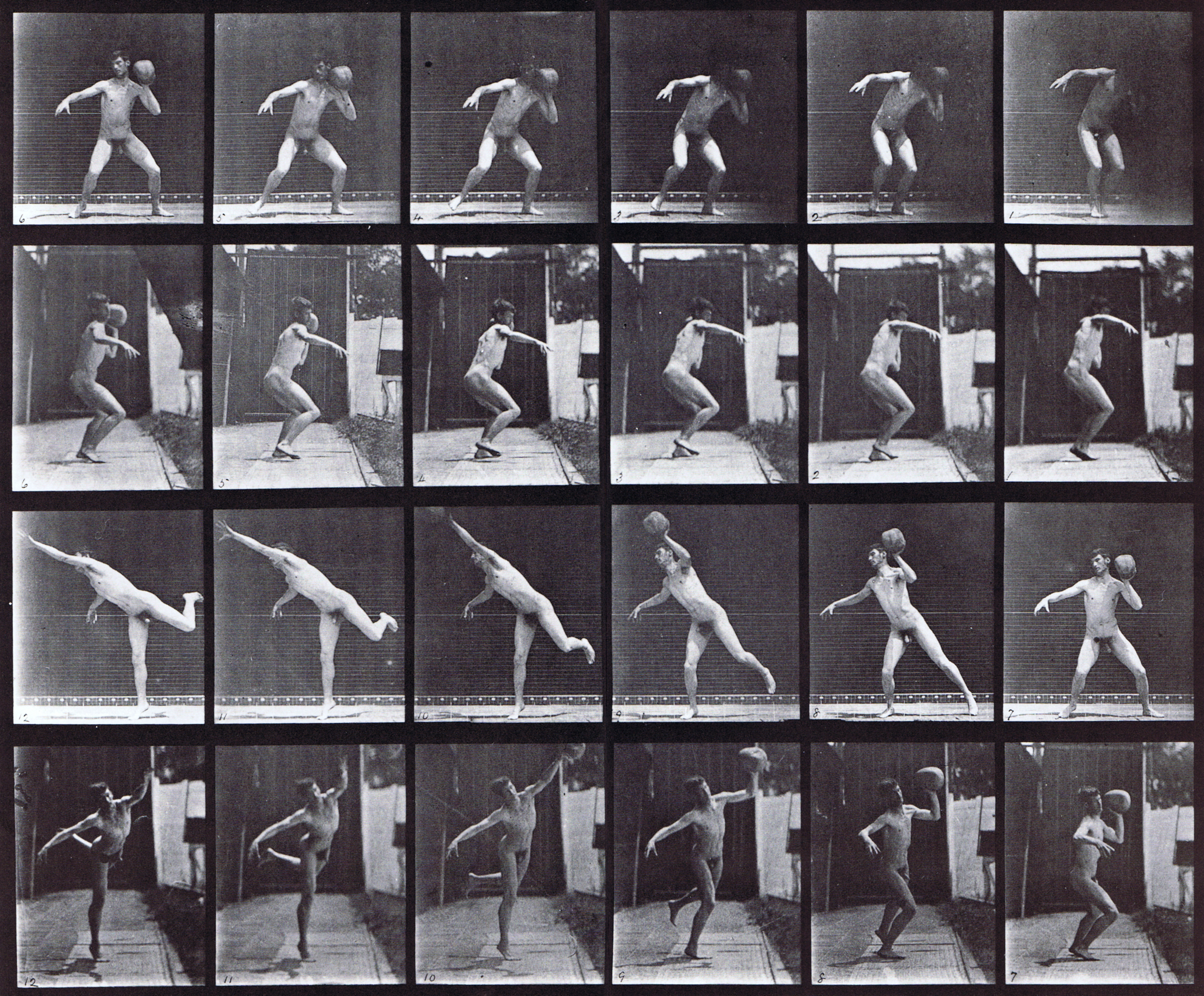 large profile and front views of nude male heaving a 20 pound rock animation reference using muybridge plate 315 from animal locomotion