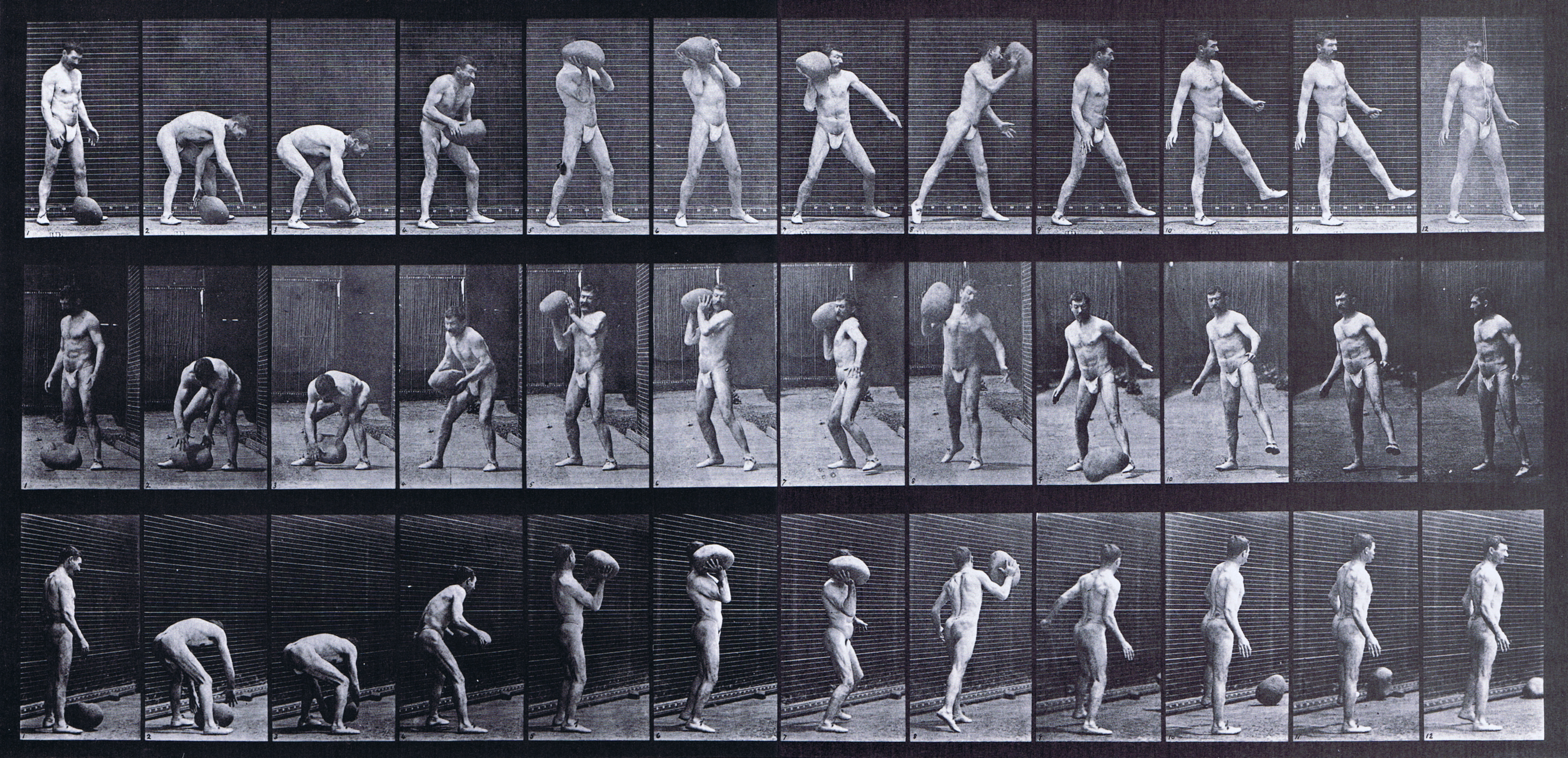 large profile, front three-quarter, and rear three-quarter views of semi nude male wearing underwear lifting and heaving a 75 pound stone animation reference using muybridge plate 317 from animal locomotion