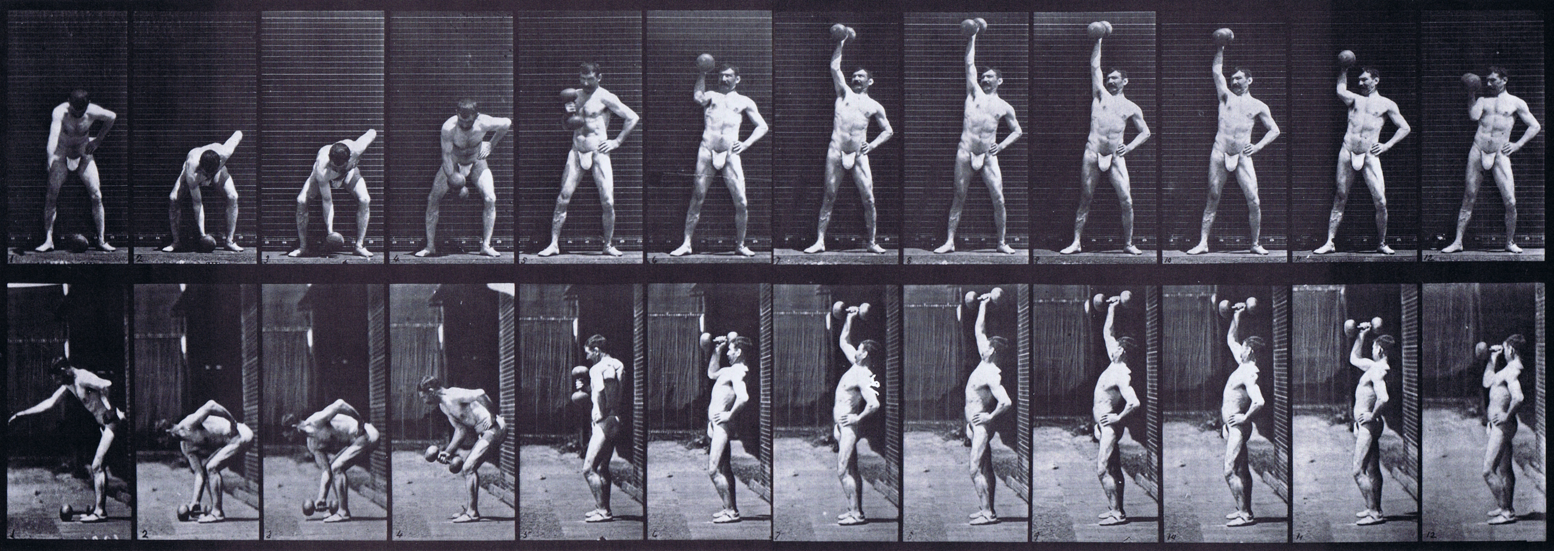 large front and profile views of semi nude male wearing underwear lifting a 50 pound dumbbell animation reference using muybridge plate 320 from animal locomotion