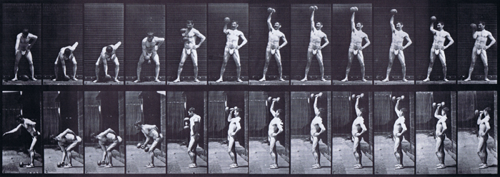 Front and profile views of semi nude male wearing underwear lifting a 50 pound dumbbell animation reference using muybridge plate 320 from animal locomotion