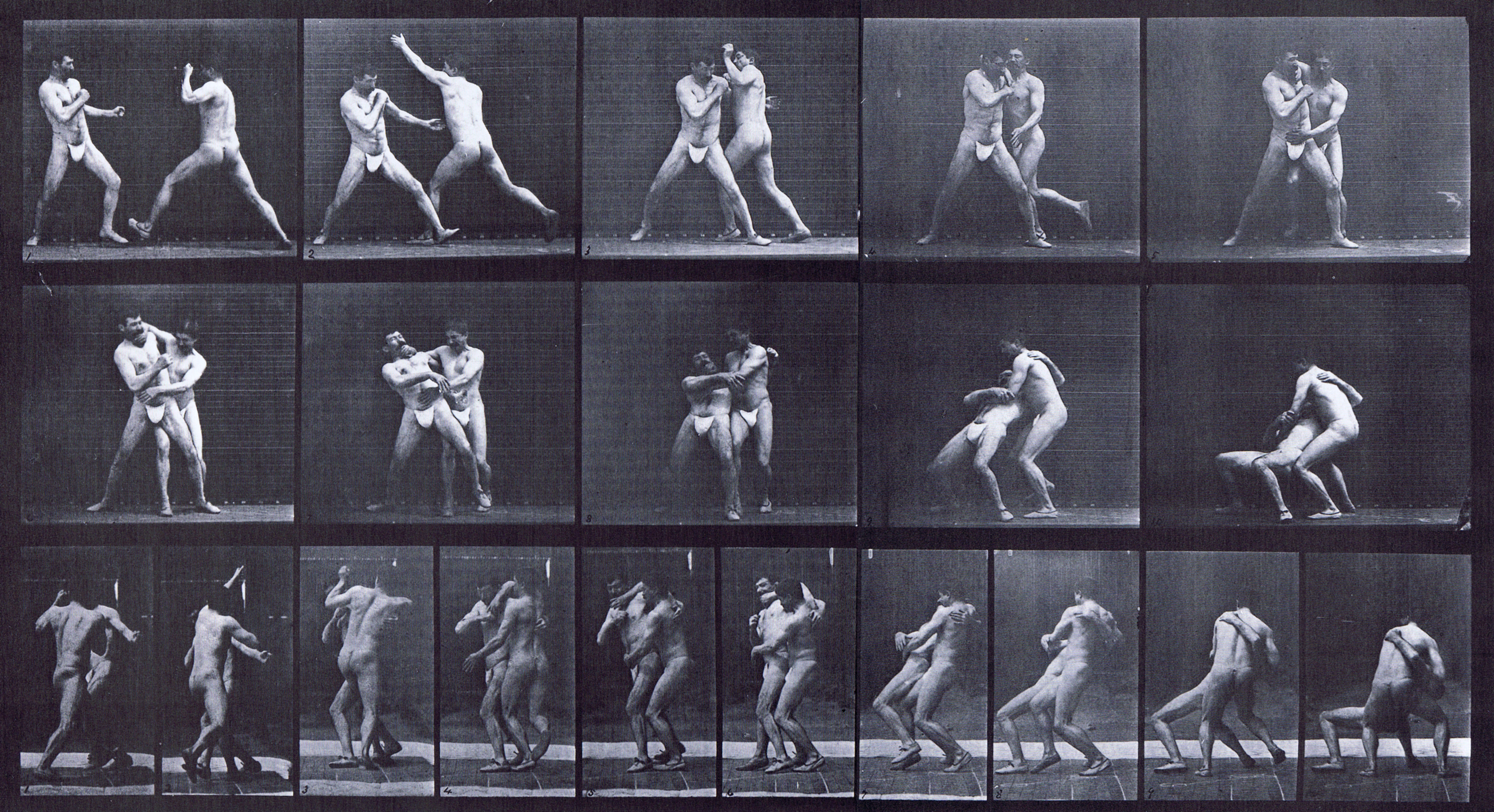 large profile and rear views of two semi nude males wearing underwear boxing, stop for cross buttocks animation reference using muybridge plate 331 from animal locomotion