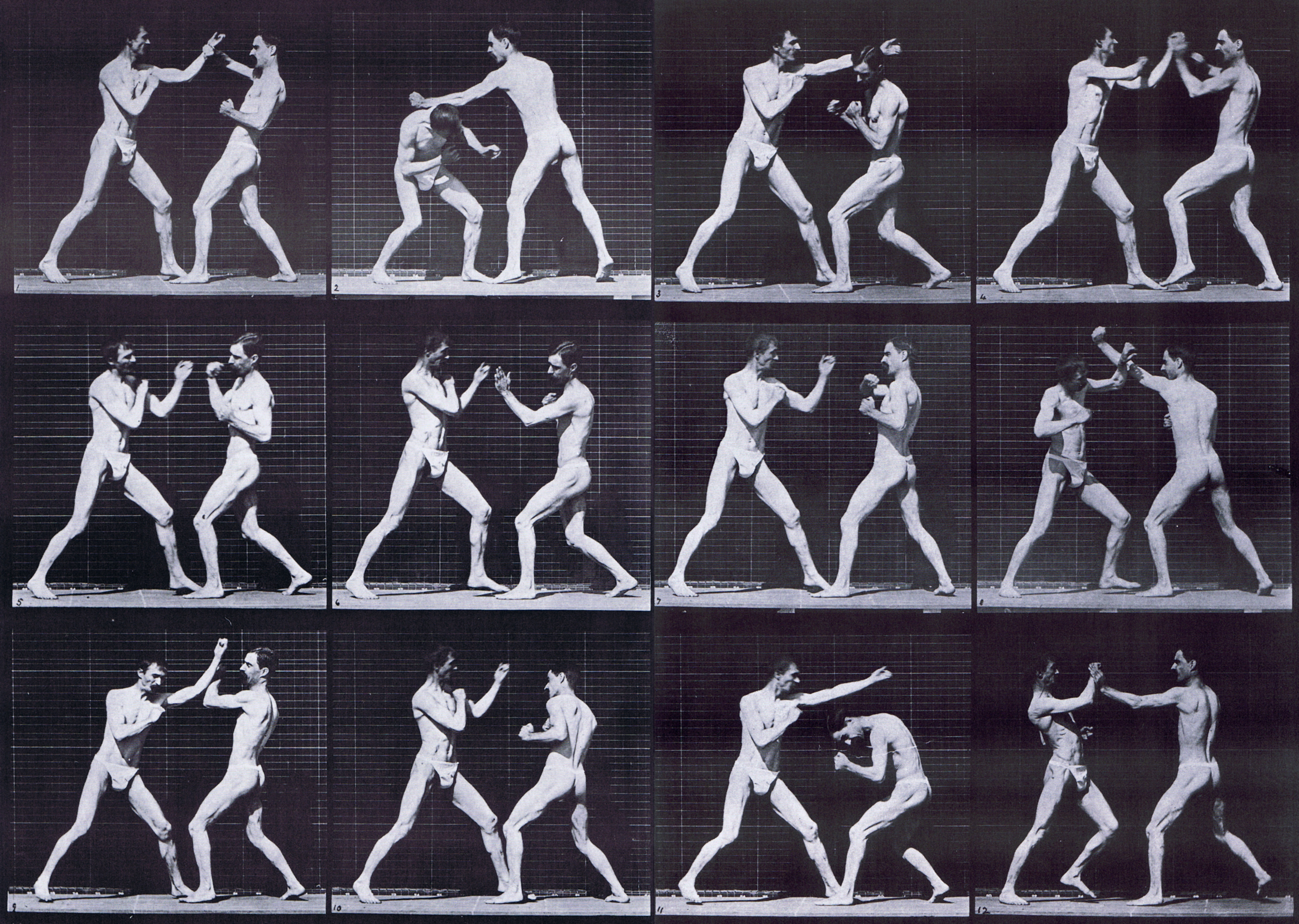 large profile view of two semi nude males wearing underwear, boxing open hand animation reference using muybridge plate 336 from animal locomotion
