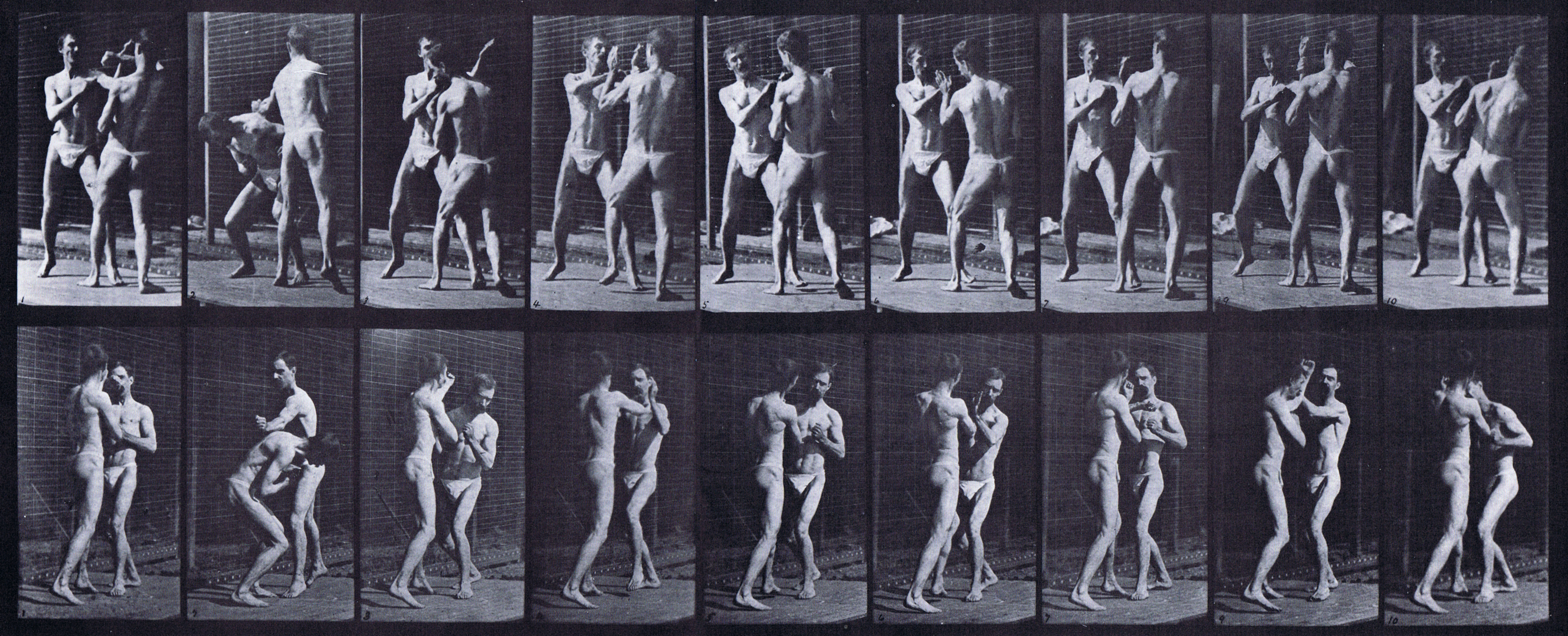 large front three-quarter and rear three-quarter views of two semi nude males wearing underwear boxing, open hand animation reference using muybridge plate 337 from animal locomotion