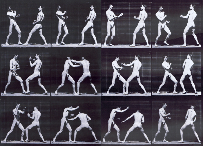 Profile view of two semi nude males wearing underwear boxing, open hand animation reference using muybridge plate 338 from animal locomotion