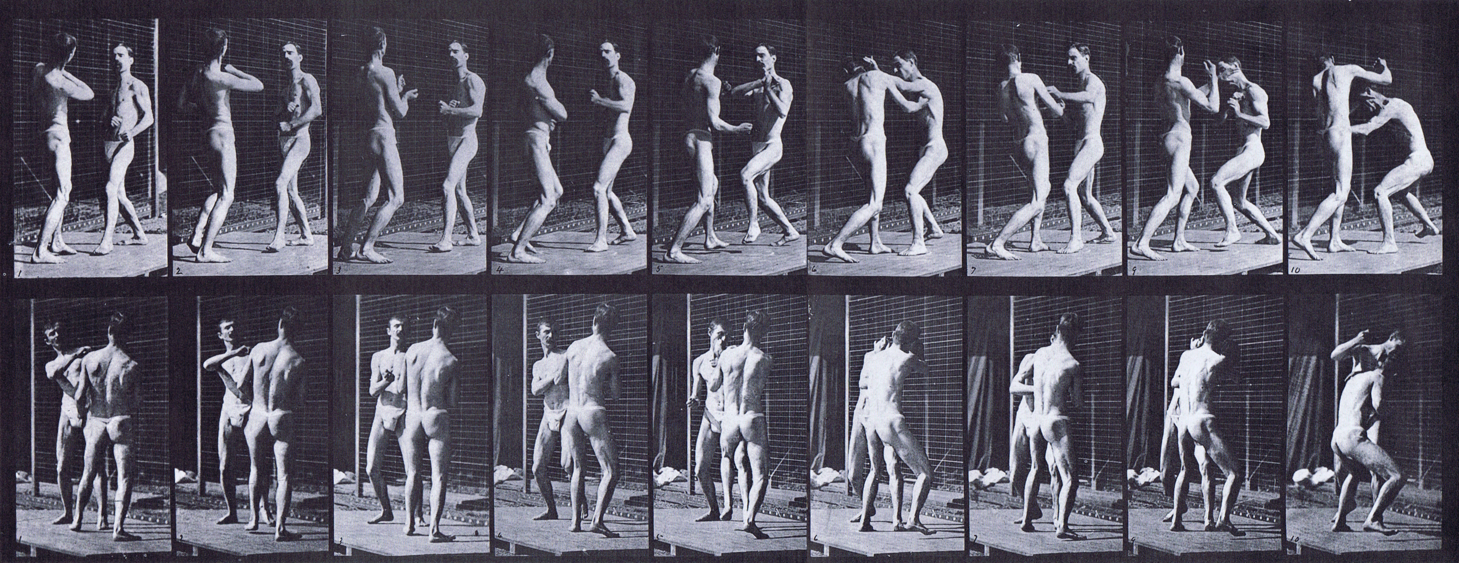 large front three-quarter and rear three-quarter views of two semi nude males wearing underwear boxing, open hand animation reference using muybridge plate 339 from animal locomotion