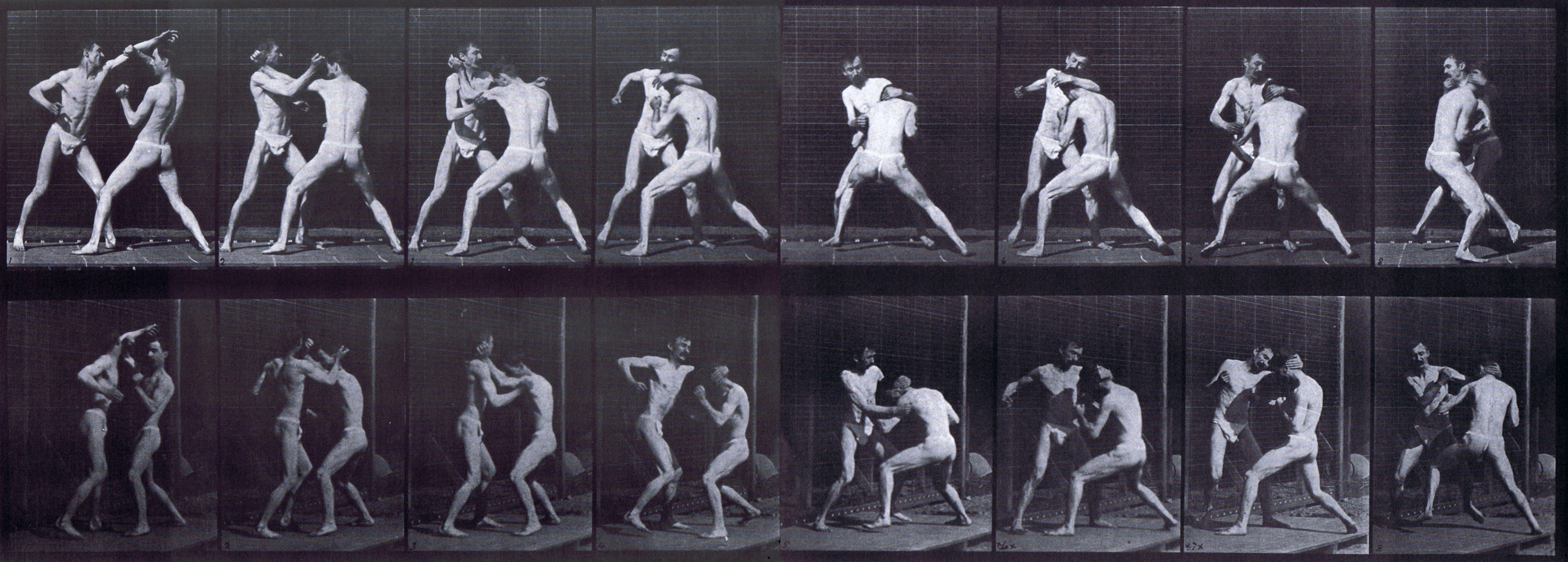 large profile and three-quarter views of two semi nude males wearing underwear boxing, open hand animation reference using muybridge plate 342 from animal locomotion