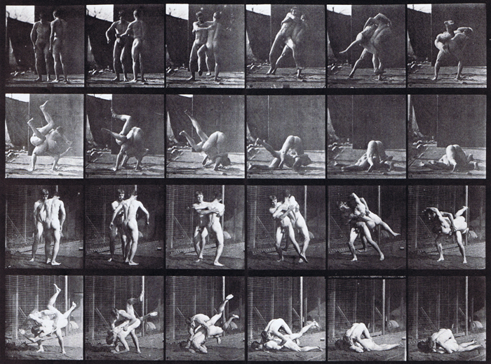 Rear and three-quarter views of two nude males wrestling, grecco roman take down animation reference using muybridge plate 348 from animal locomotion