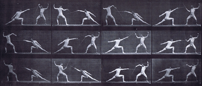 Profile view of two semi nude males wearing underwear fencing animation reference using muybridge plate 349 from animal locomotion