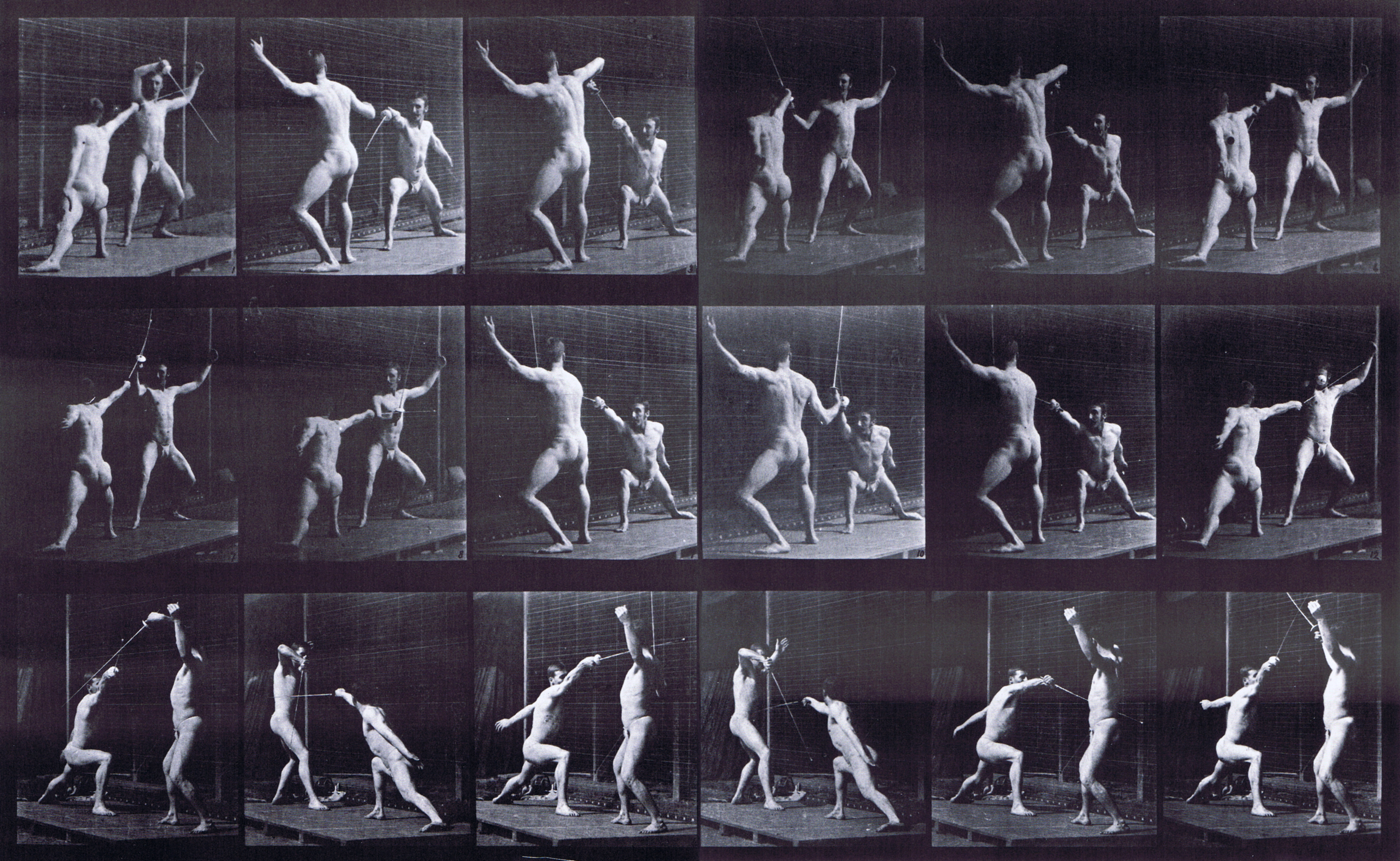 large three-quarter view of two semi nude males wearing underwear, fencing animation reference using muybridge plate 350 from animal locomotion