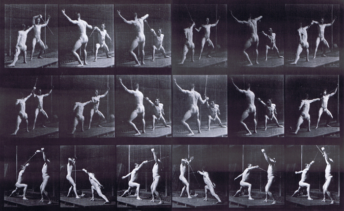 Three-quarter view of two semi nude males wearing underwear, fencing animation reference using muybridge plate 350 from animal locomotion