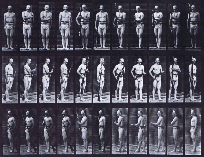 Front, front three-quarter, and rear three-quarter views of semi nude male wearing underwear with rifle, fixing and unfixing bayonet animation reference using muybridge plate 351 from animal locomotion