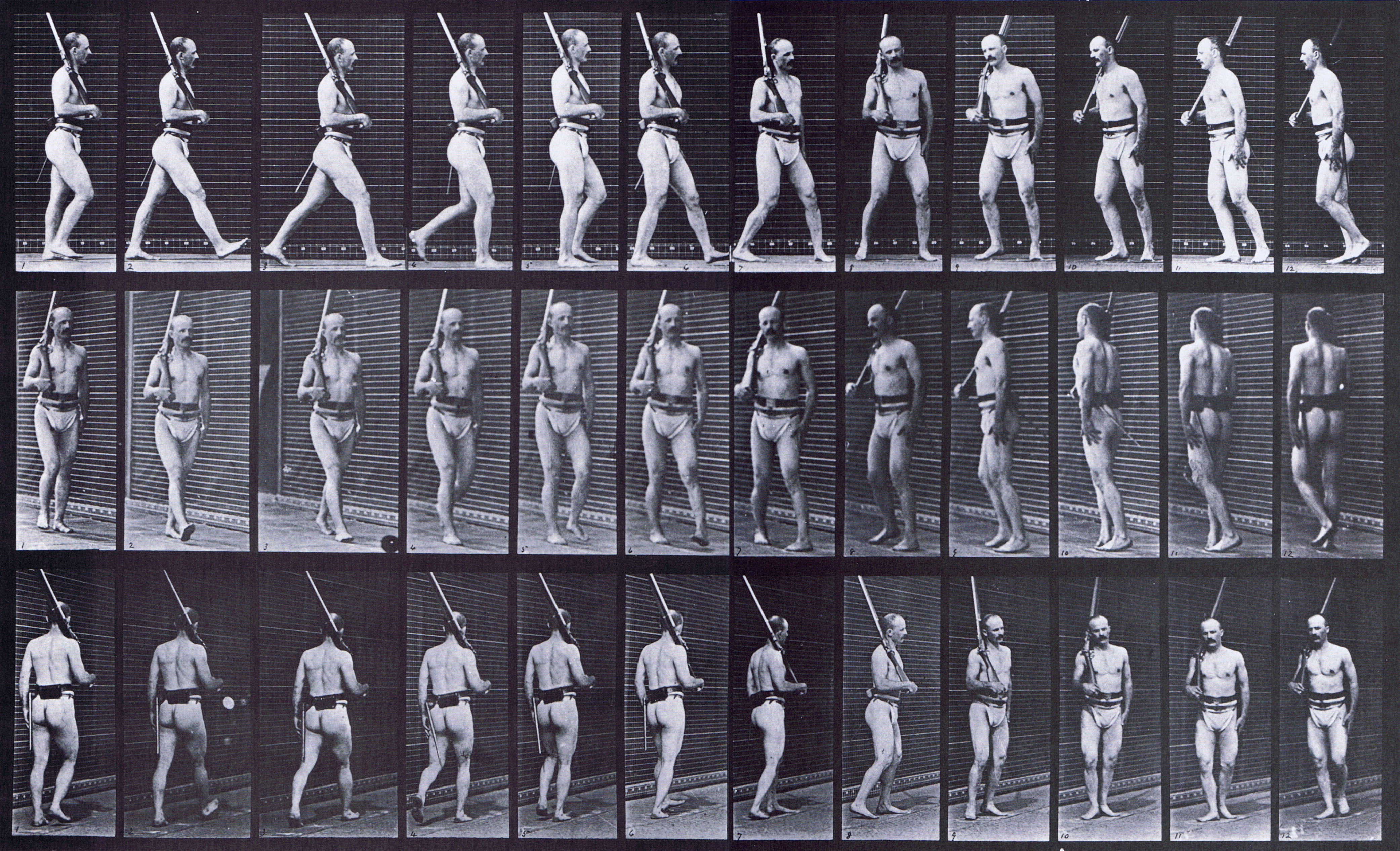 large profile, front three-quarter, and rear three-quarter views of semi nude male wearing underwear with rifle, walking guard and turning around animation reference using muybridge plate 355 from animal locomotion