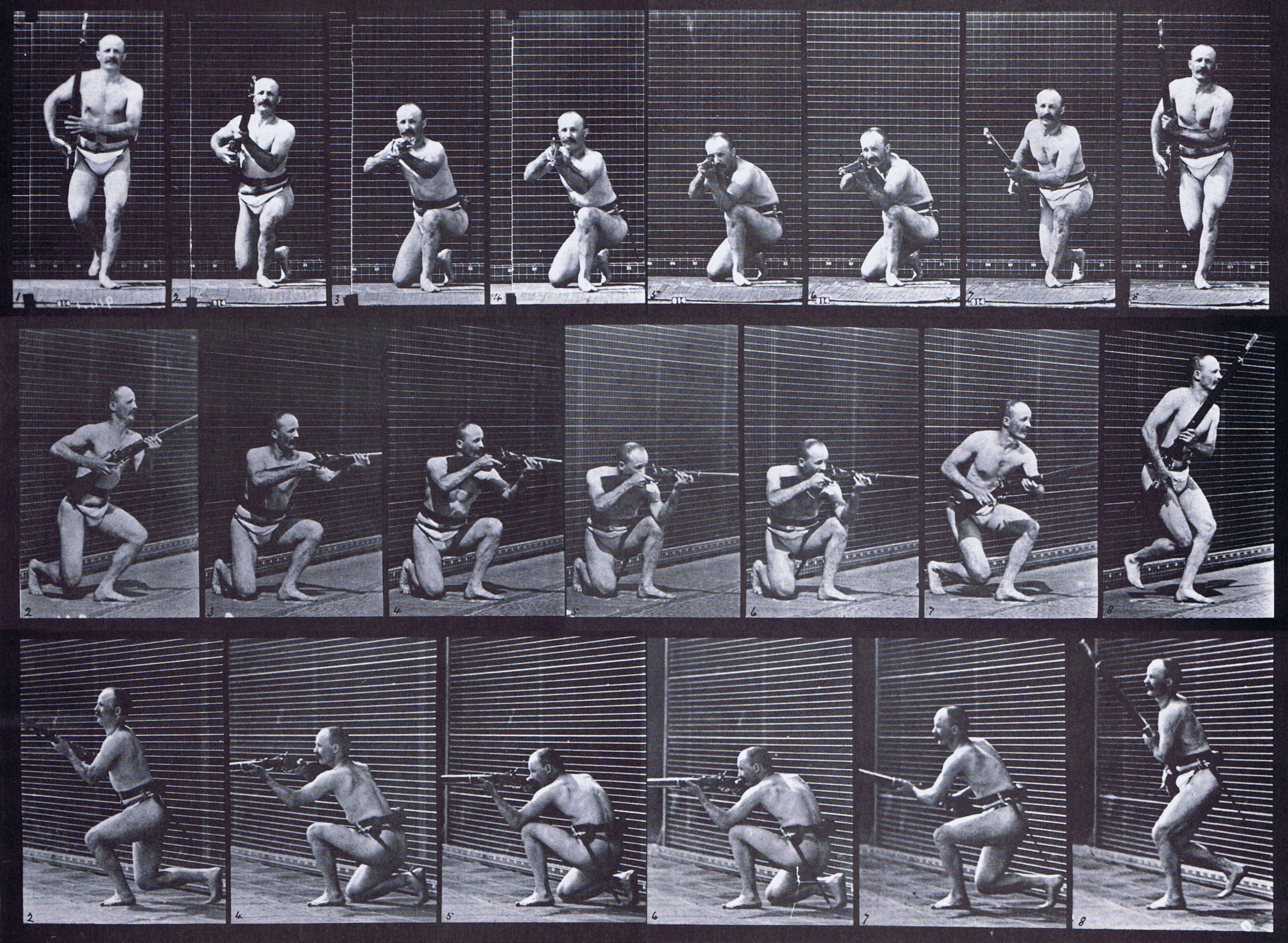 large front, front three-quarter, and rear three-quarter views of semi nude male wearing underwear with rifle kneeling, firing and rising animation reference using muybridge plate 356 from animal locomotion