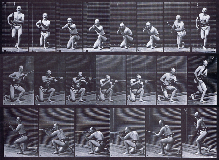 Front, front three-quarter, and rear three-quarter views of semi nude male wearing underwear with rifle kneeling, firing and rising animation reference using muybridge plate 356 from animal locomotion