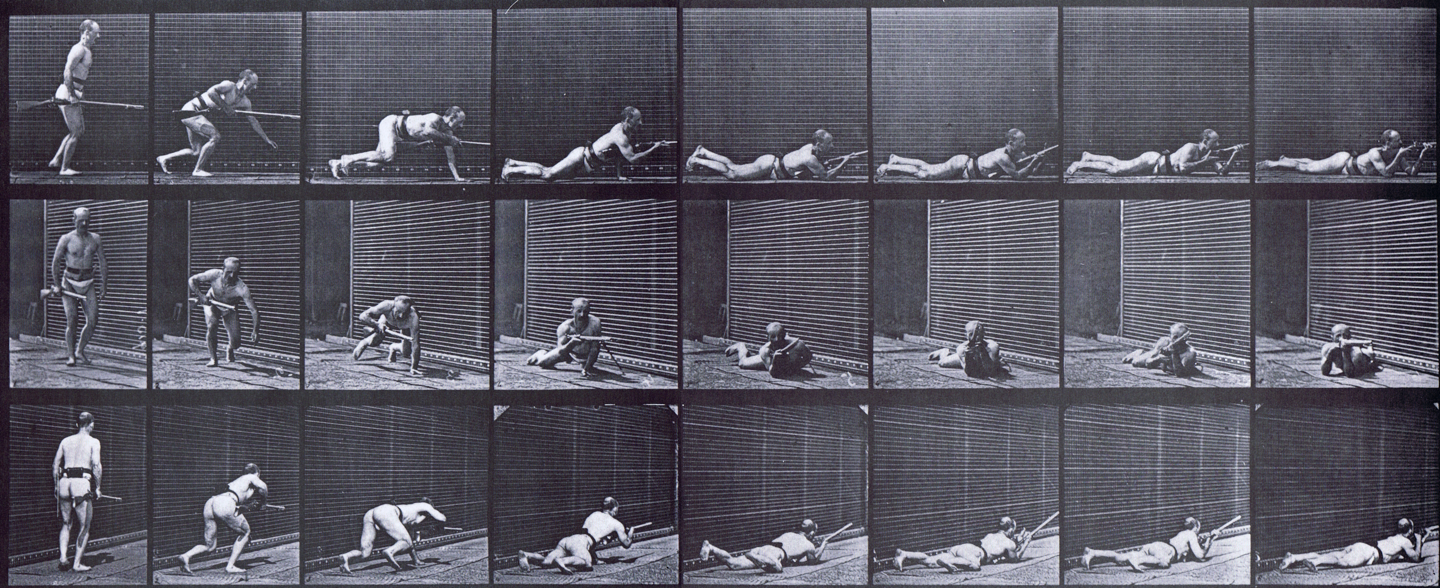 large profile, front three-quarter, and rear three-quarter views of semi nude male wearing underwear with rifle, lying prone and firing animation reference using muybridge plate 357 from animal locomotion