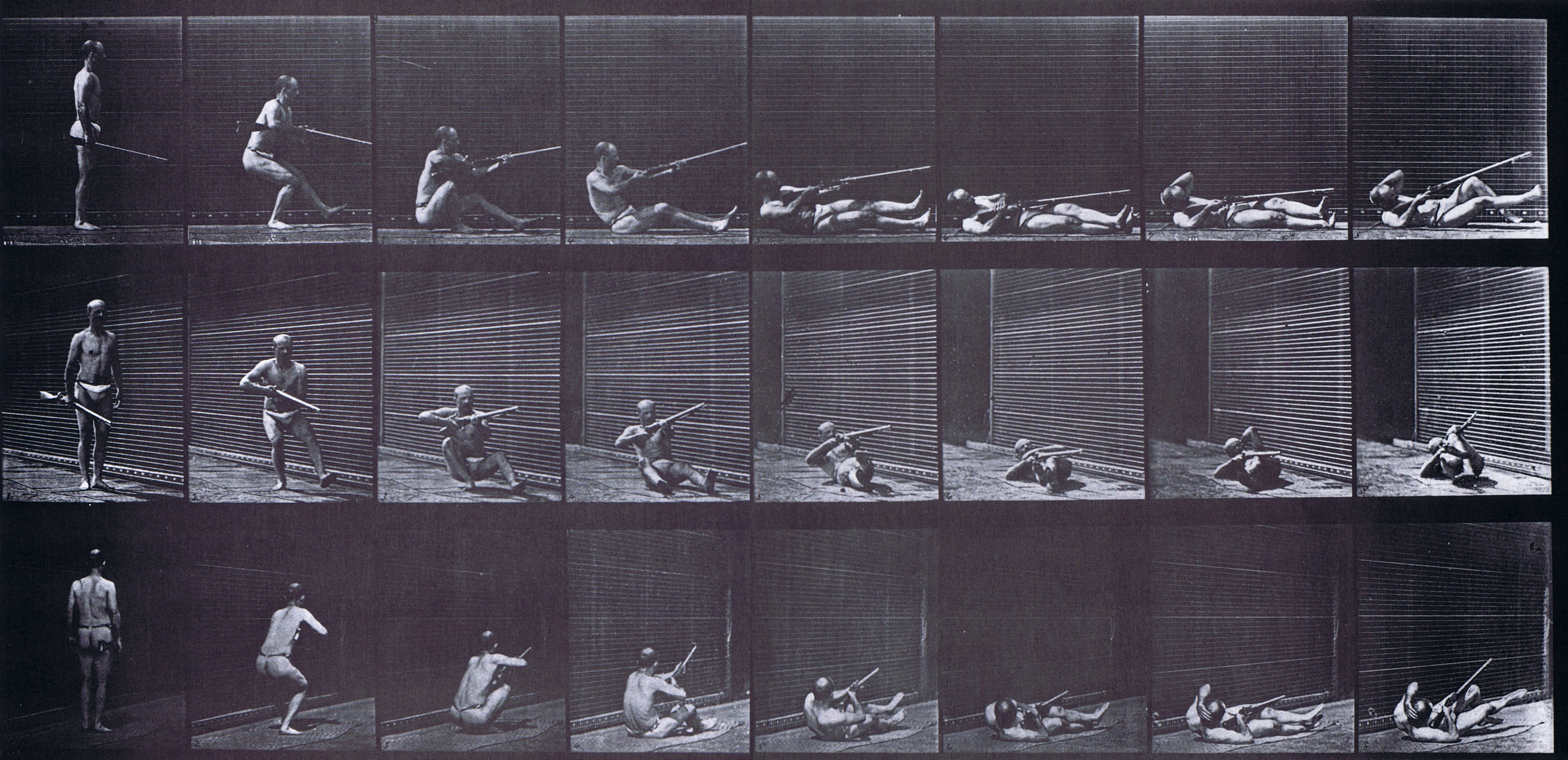 large profile, front three-quarter, and rear three-quarter views of semi nude male with rifle lying on back and firing animation reference using muybridge plate 358 from animal locomotion