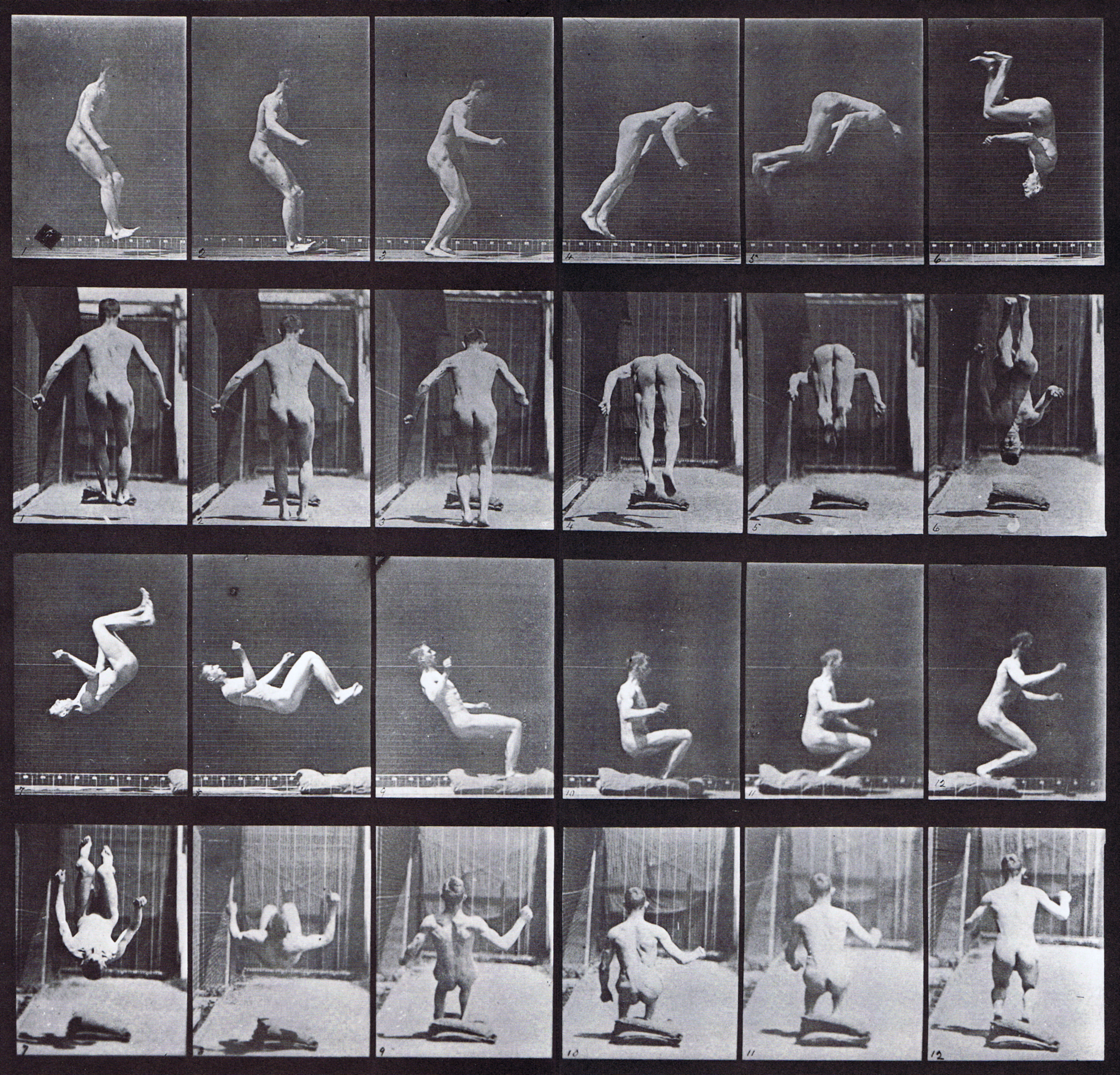 large profile and rear views of nude male running and doing somersault animation reference using muybridge plate 363 from animal locomotion
