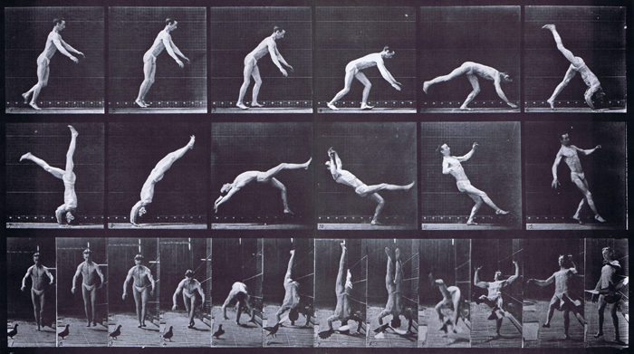 Profile and front views of semi nude male in underwear doing head spring, pigeon interfering animation reference using muybridge plate 365 from animal locomotion