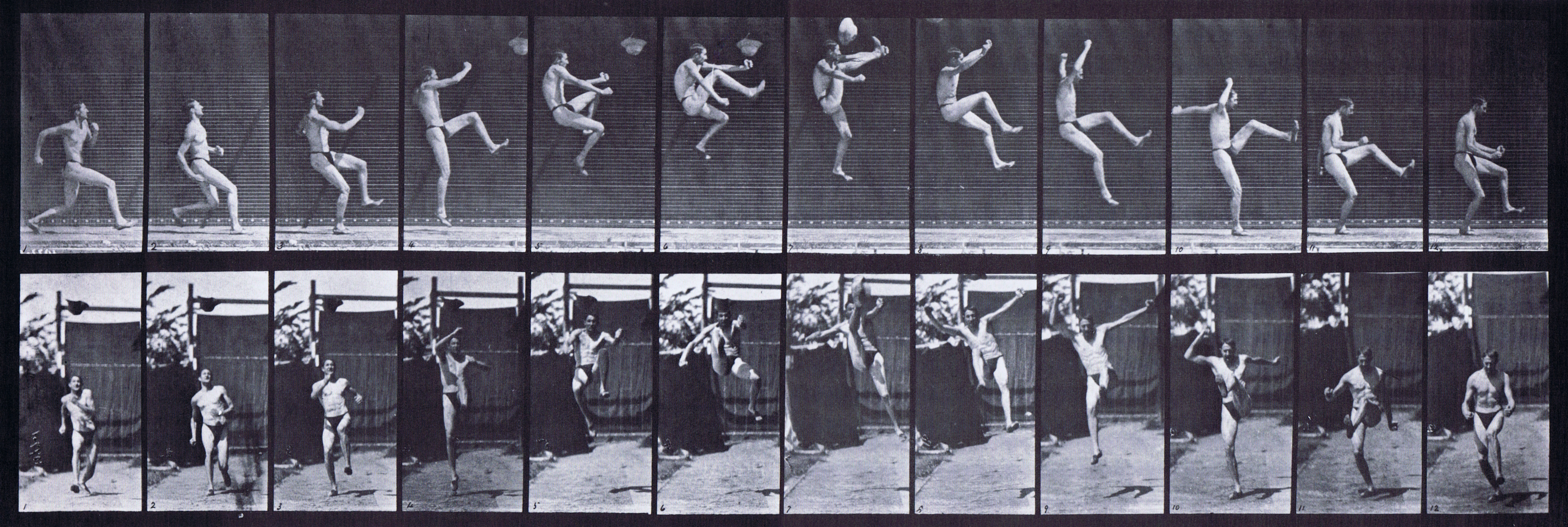 large profile and front views of semi nude male in underwear running and jumping a hitch and kick animation reference using muybridge plate 366 from animal locomotion