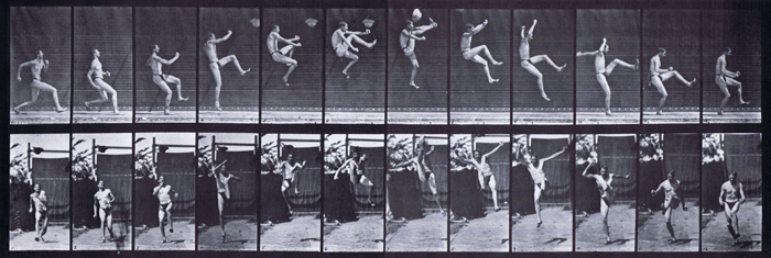 Profile and front views of semi nude male in underwear running and jumping a hitch and kick animation reference using muybridge plate 366 from animal locomotion