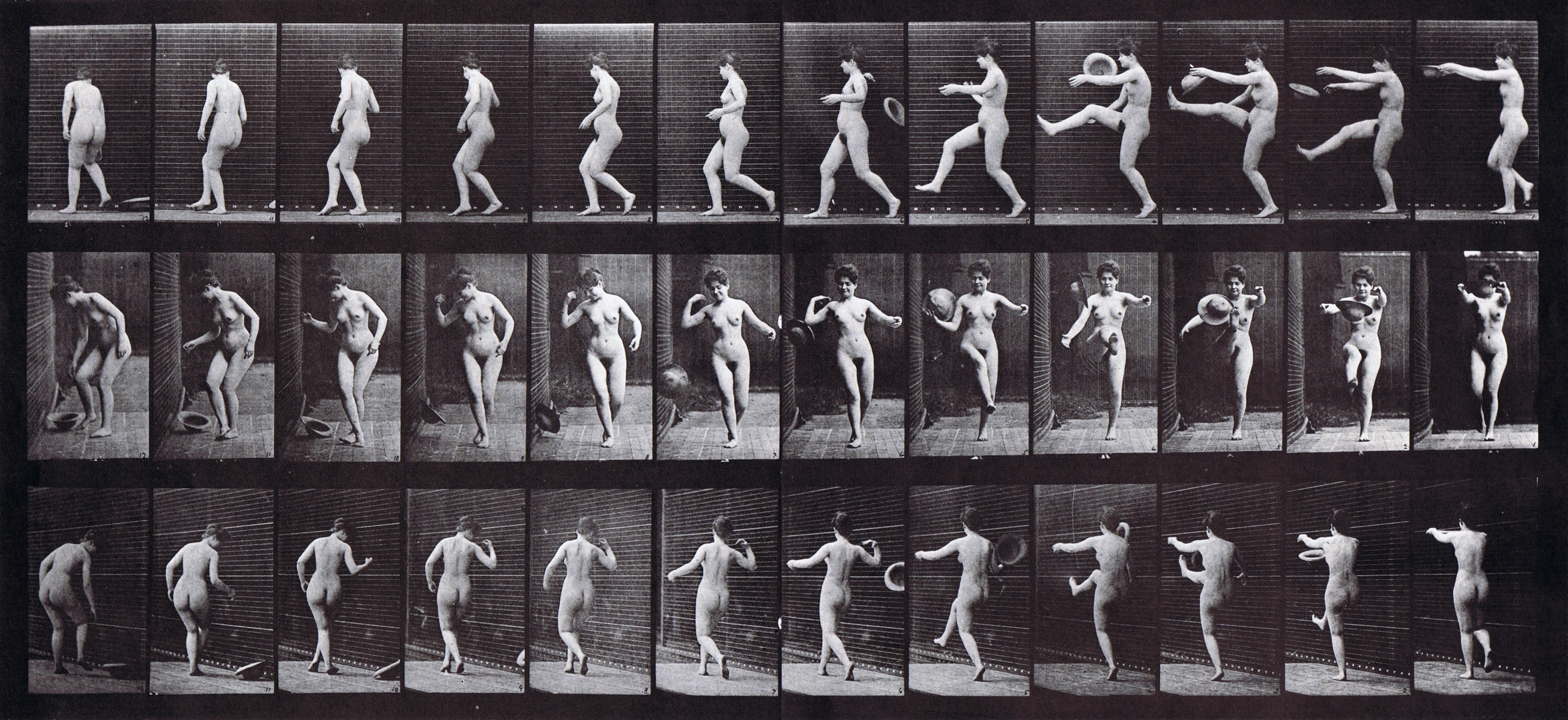 large profile, front, and rear three-quarter views of nude female kicking a hat animation reference using muybridge plate 367 from animal locomotion