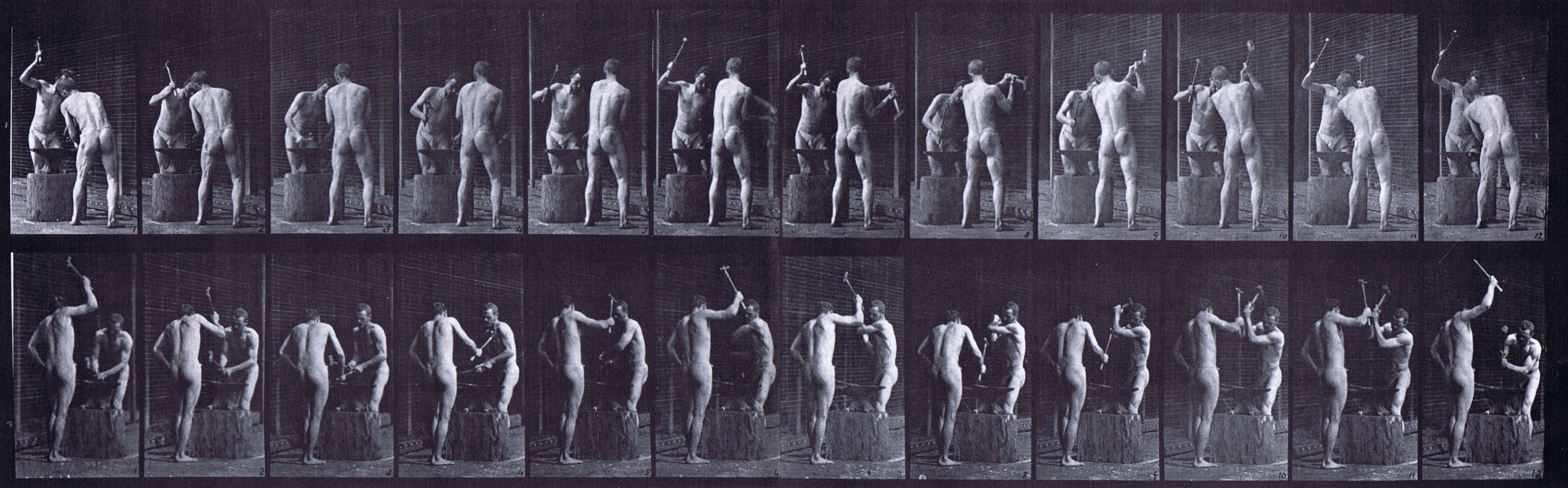 large front three-quarter and rear three-quarter views of two semi nude males, blacksmiths, hammering an anvil animation reference using muybridge plate 375 from animal locomotion