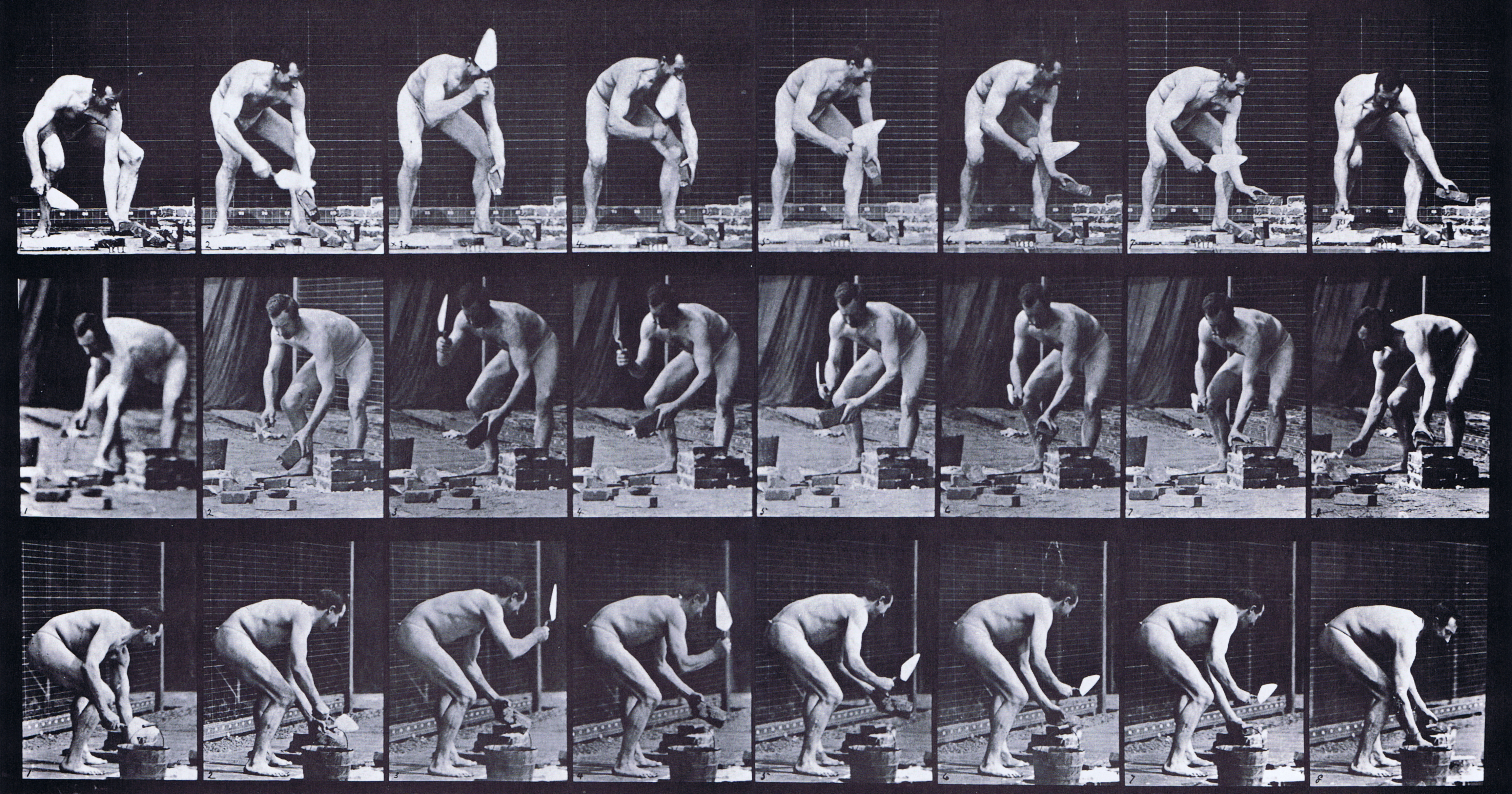 large profile, front three-quarter, and rear three-quarter views of semi nude male mason, laying a brick animation reference using muybridge plate 381 from animal locomotion