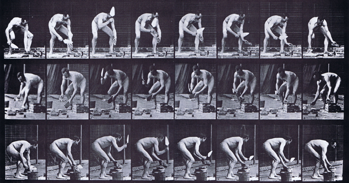 Profile, front three-quarter, and rear three-quarter views of semi nude male mason, laying a brick animation reference using muybridge plate 381 from animal locomotion