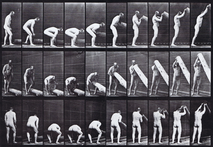 Profile, front three-quarter, and rear three-quarter views of nude male lifting a long on end animation reference using muybridge plate 382 from animal locomotion