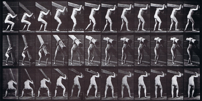 Profile, front three-quarter, and rear three-quarter views of nude male lifting a log on shoulder animation reference using muybridge plate 383 from animal locomotion