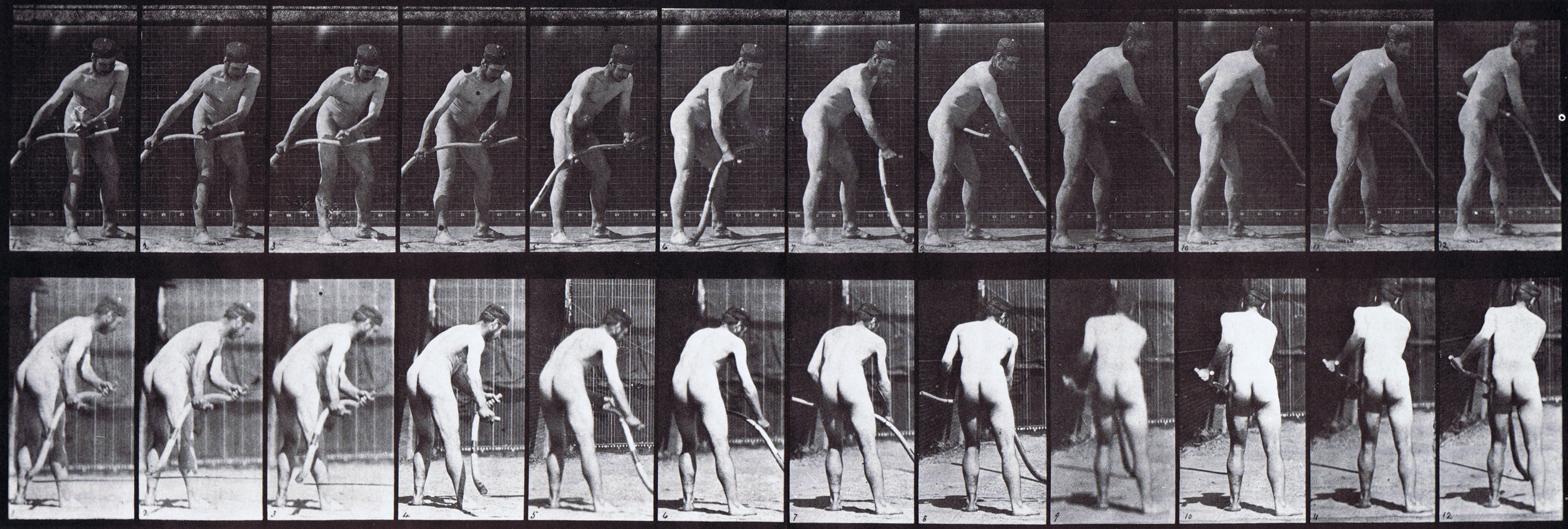 large front and profile views of nude male farmer mowing grass animation reference using muybridge plate 390 from animal locomotion