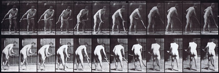 Front and profile views of nude male farmer mowing grass animation reference using muybridge plate 390 from animal locomotion