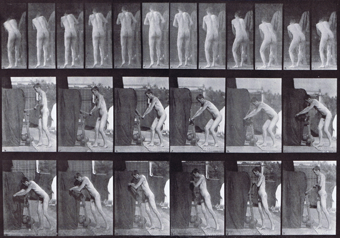 Rear and profile views of a looping nude male turning a crank handle animation reference using muybridge plate 394 from animal locomotion