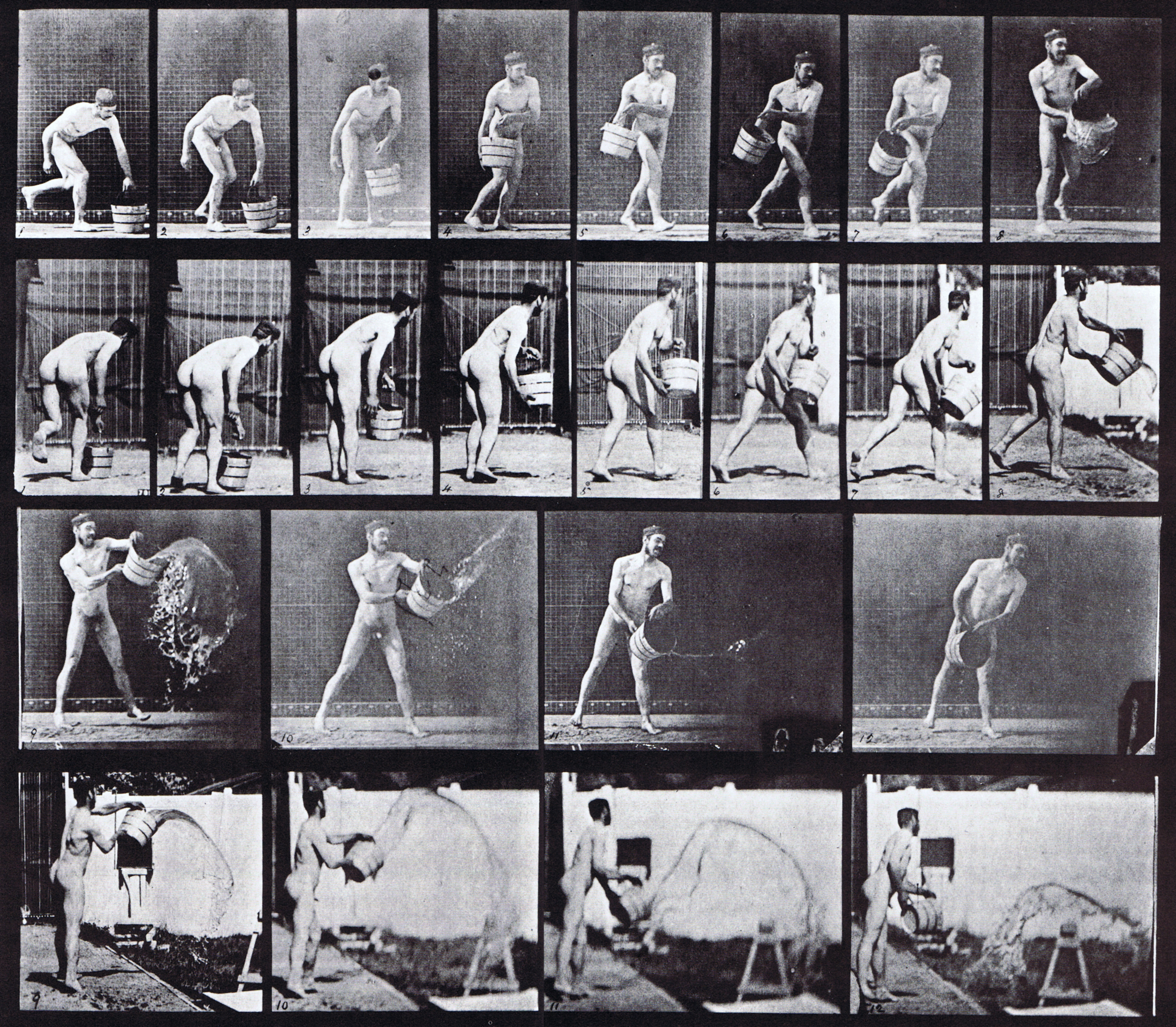 large profile and rear views of a nude male emptying a bucket of water animation reference using muybridge plate 400 from animal locomotion