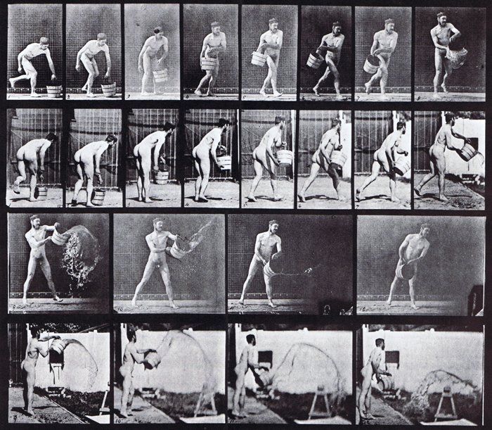 Profile and rear views of a nude male emptying a bucket of water animation reference using muybridge plate 400 from animal locomotion