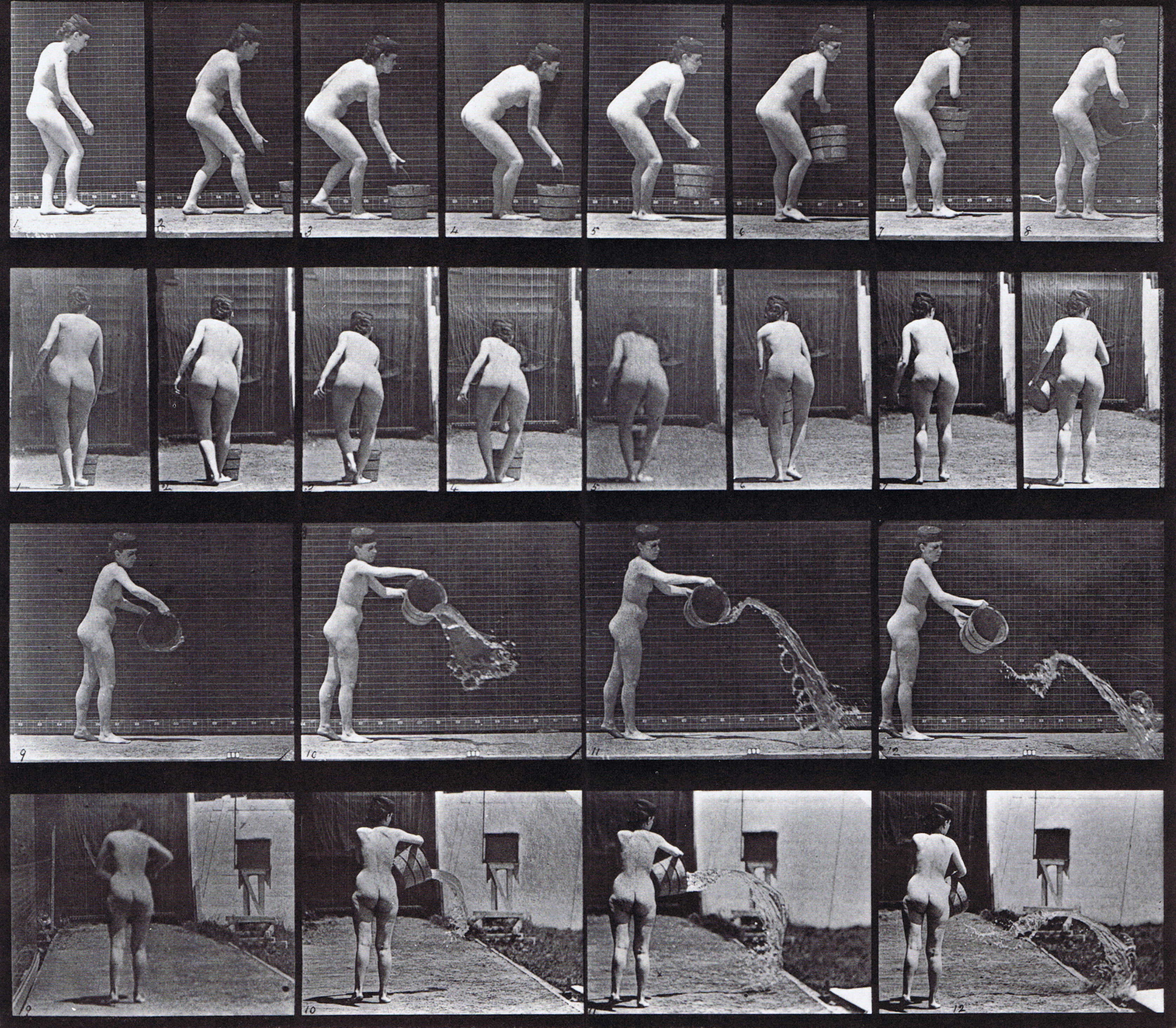 large profile and rear views of a nude female emptying a bucket of water animation reference using muybridge plate 401 from animal locomotion