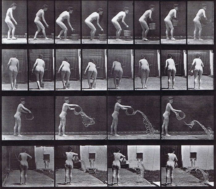 Profile and rear views of a nude female emptying a bucket of water animation reference using muybridge plate 401 from animal locomotion