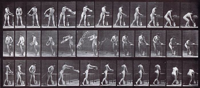 Profile, front three-quarter, and rear three-quarter views of a nude female emptying a bucket of water animation reference using muybridge plate 402 from animal locomotion
