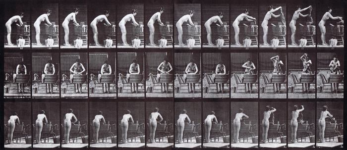 Profile, front, and rear three-quarter views of nude female washing clothes at a tub animation reference using muybridge plate 432 from animal locomotion