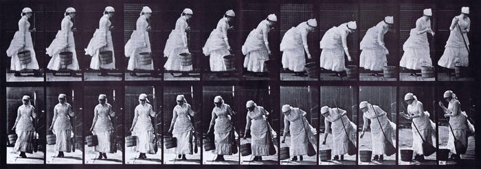 Profile and front views of clothed female setting down a bucket of water then preparing to sweep the floor animation reference using muybridge plate 437 from animal locomotion