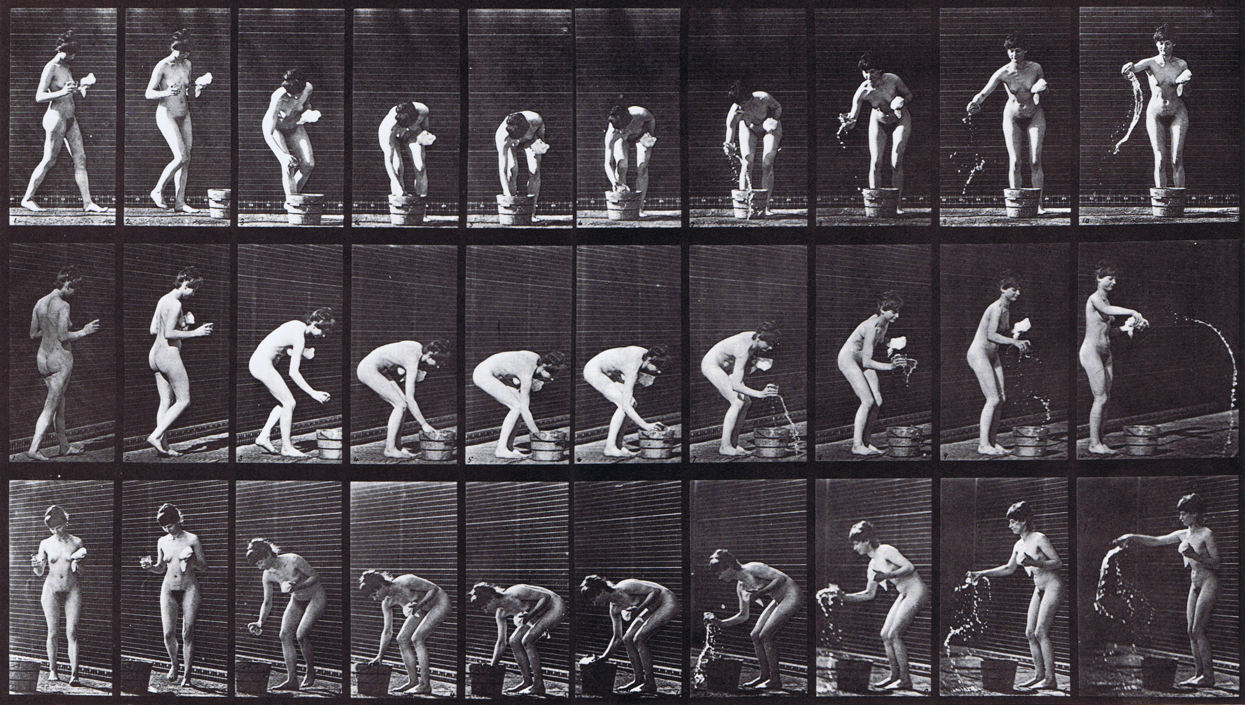 large profile, rear three-quarter, and front three-quarter views of nude female stooping to rinse a tumbler in a bucket animation  reference using muybridge plate 440 from animal locomotion