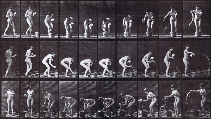 Profile, rear three-quarter, and front three-quarter views of nude female stooping to rinse a tumbler in a bucket animation  reference using muybridge plate 440 from animal locomotion