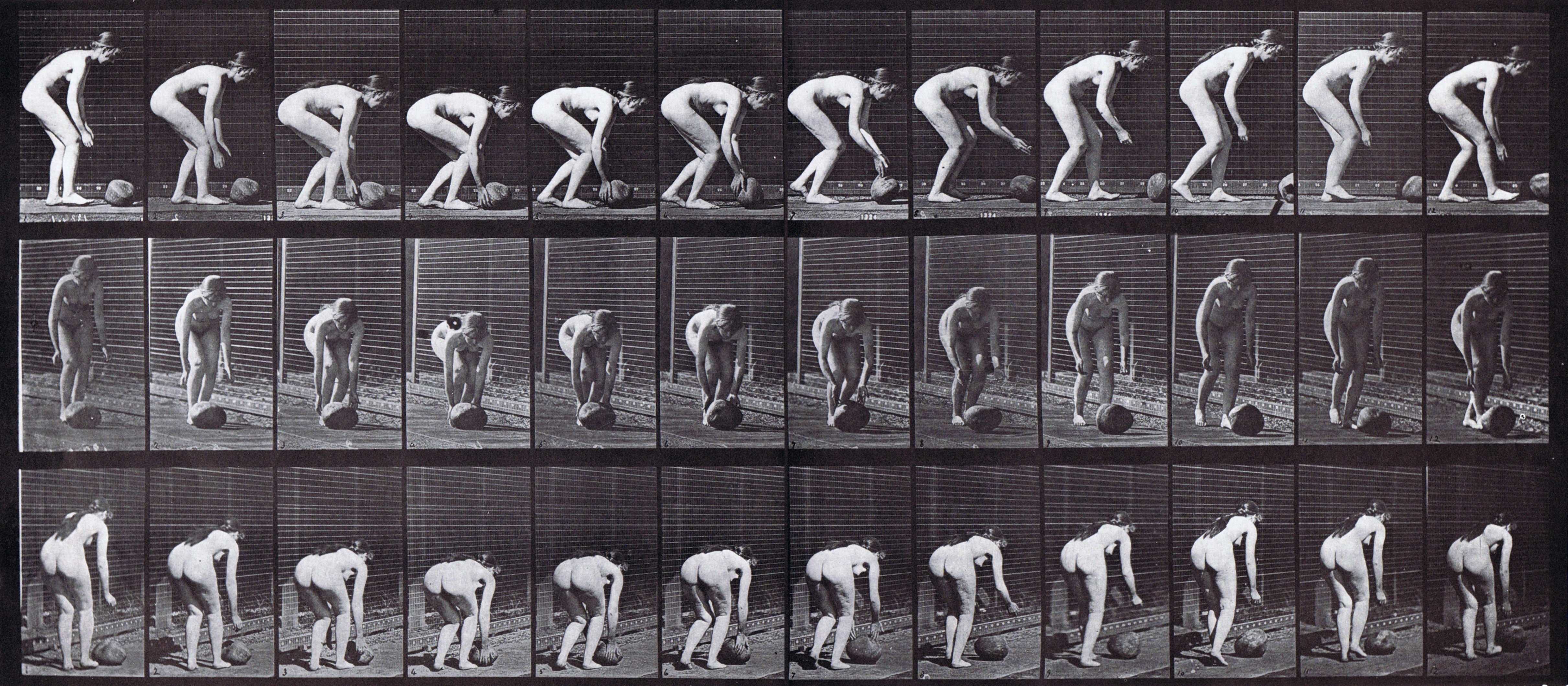 large profile, front three-quarter, and rear three-quarter views of nude female stooping and rolling a stone on the ground animation reference using muybridge plate 442 from animal locomotion