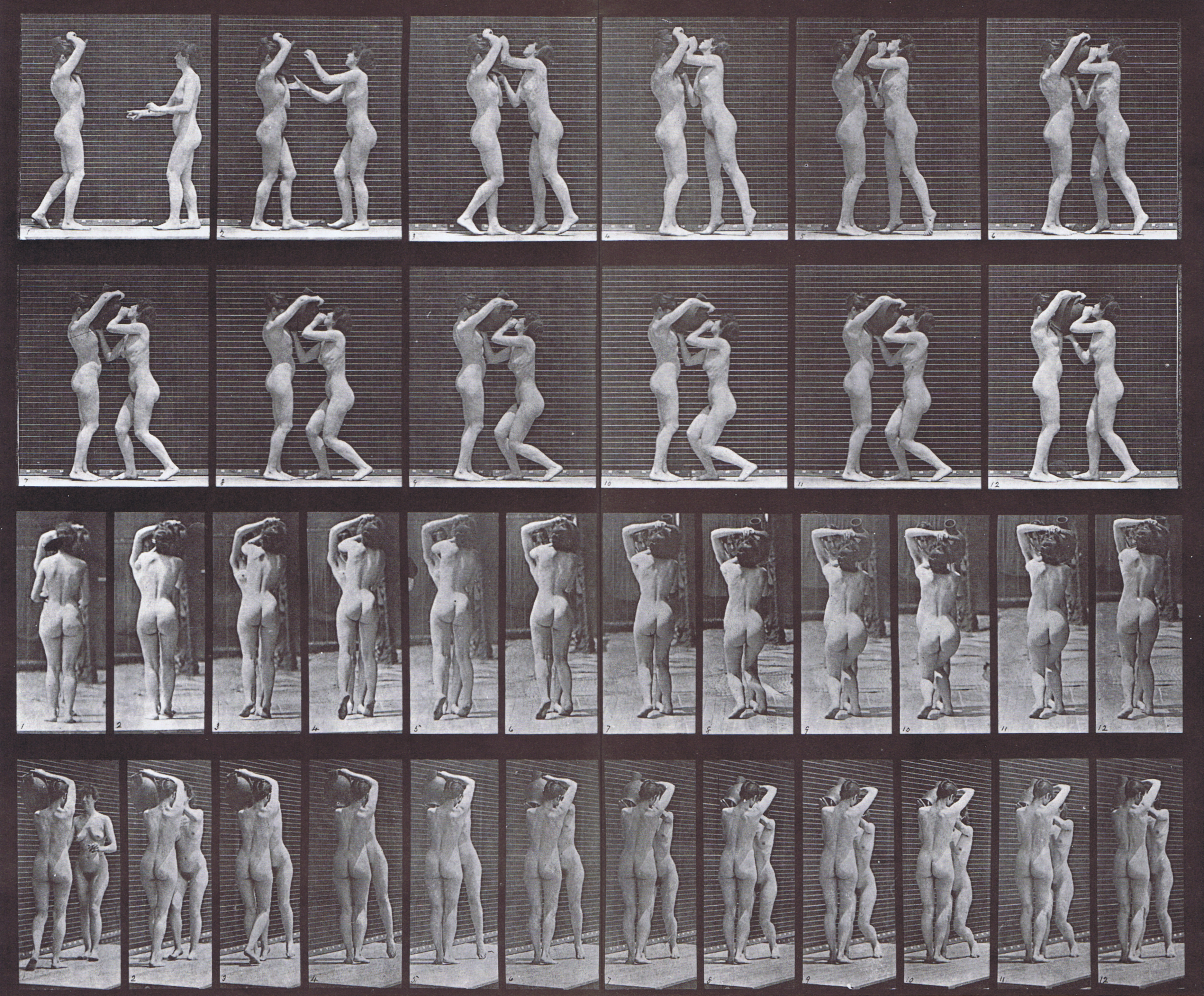 large profile, rear, three-quarter views of two nude females, one drinking a jar from the shoulder of the other woman animation reference using muybridge plate 445 from animal locomotion